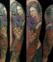 Geisha sleeve with Hannya and peony flowers